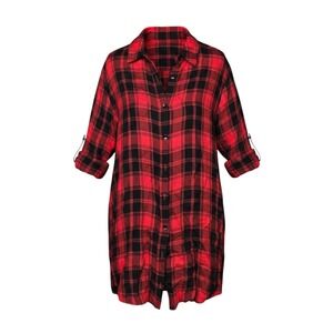 Vine & Love Red Black Buffalo Plaid‎ Button Down Tunic Roll Tab Shirt VT50208A M